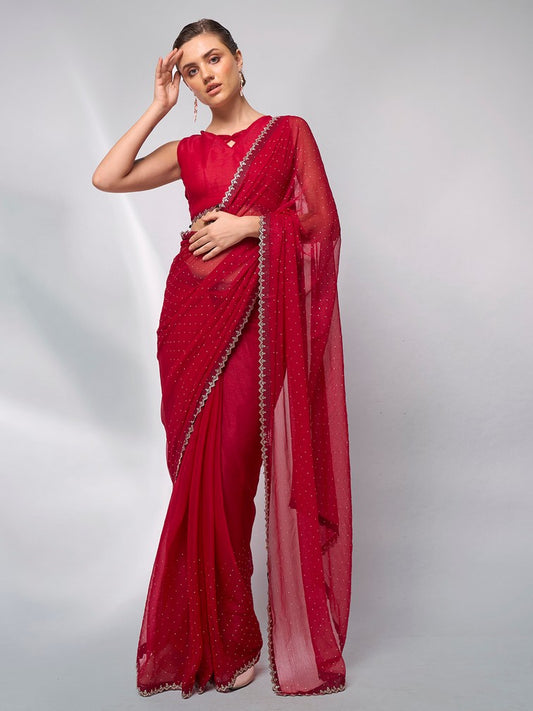 Red Color Moss Fabric Swarovski  Designer Graceful Bollywood Style Party Saree