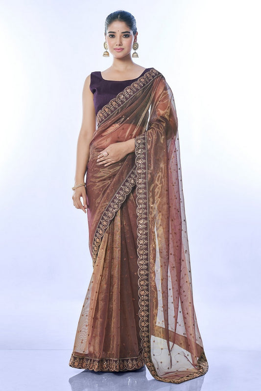 Brown Color Golden Net Partywear Sequins Embroidery Work Ethnic Saree