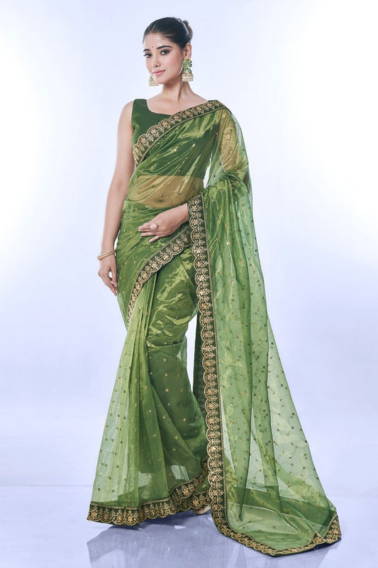 Green Color Golden Net Partywear Sequins Embroidery Work Ethnic Saree