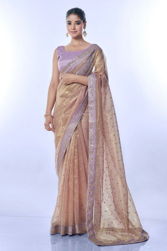 Onion Color Golden Net Partywear Sequins Embroidery Work Ethnic Saree