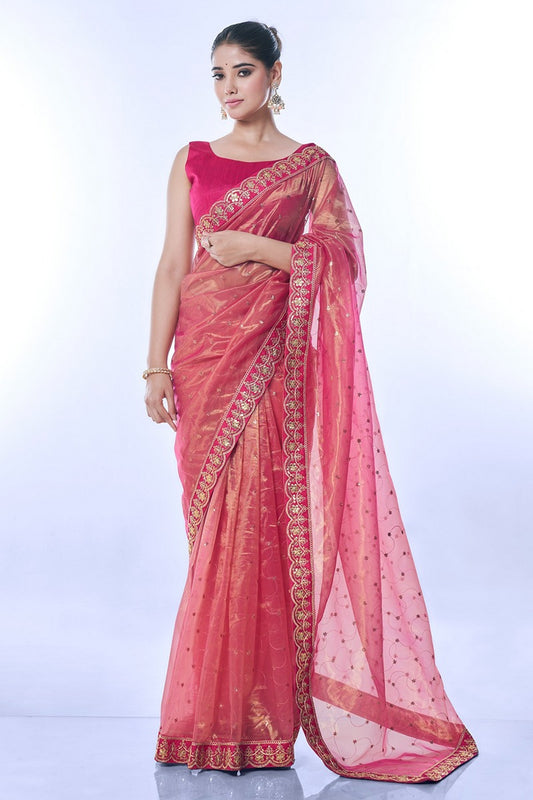 Pink Color Golden Net Partywear Sequins Embroidery Work Ethnic Saree