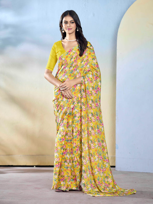 Yellow Color Beautiful Georgette Fabric Designer Printed Saree