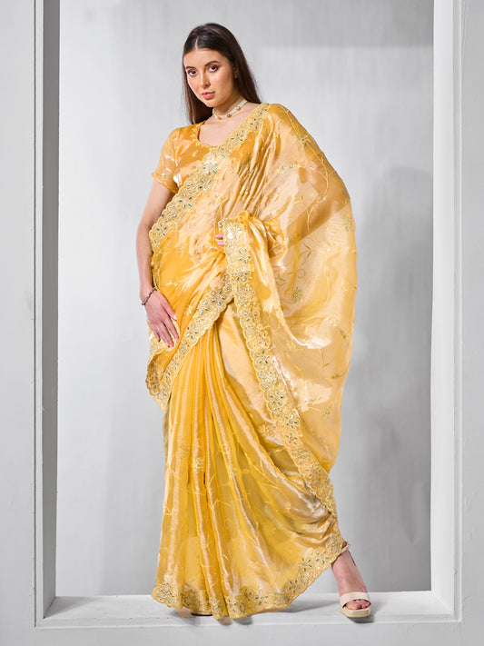 Yellow Color Burburry Fabric Bollywood Style Designer Embroidery Work Evening Party Saree