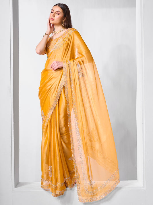 Yellow Color Burburry Fabric Bollywood Style Swarovski  Designer Work Evening Party Saree