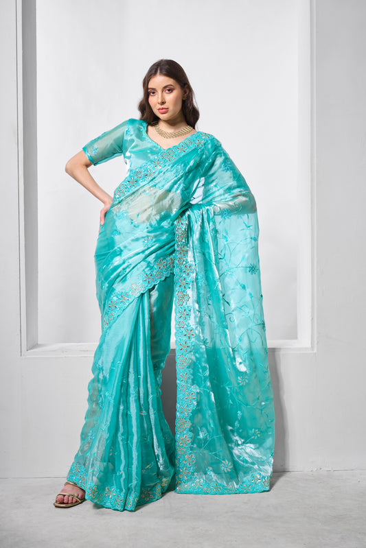 Blue Color Burburry Fabric Bollywood Style Designer Embroidery Work Evening Party Saree