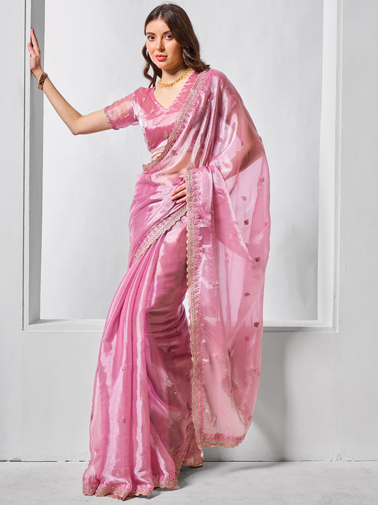 Pink Color Burburry Fabric Bollywood Style Designer Embroidery Work Evening Party Saree