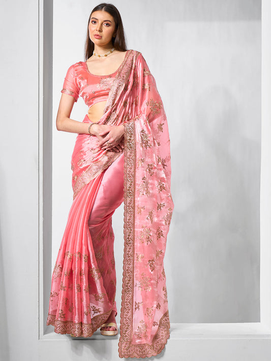 Coral Designer Embroidery Work Burburry Saree