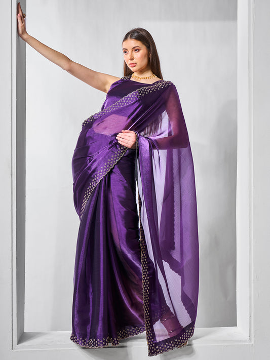 Purple Color Burburry Fabric Bollywood Style Swarovski  Designer Work Evening Party Saree