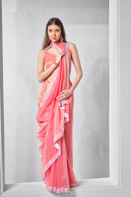 Pink Solid & Gold Cotted Gold Tissue Net Saree