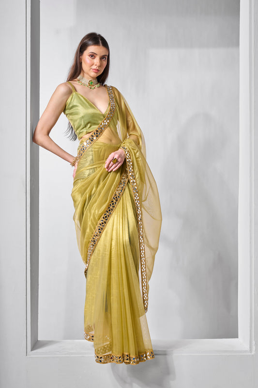 Green Solid & Gold Cotted Gold Tissue Net Saree