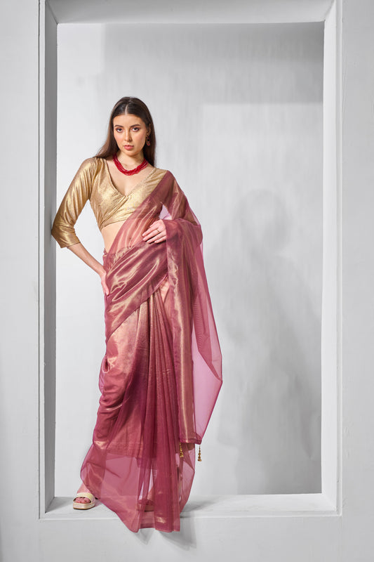 Onion Solid & Gold Cotted Gold Tissue Net Saree