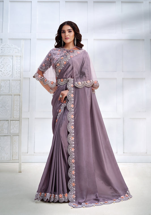 Lavender Designer Embroidery Work Saree