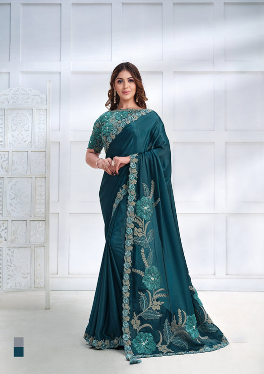 Teal Designer Embroidery Work Saree