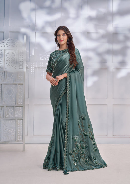 Sea Green Designer Embroidery Work Saree