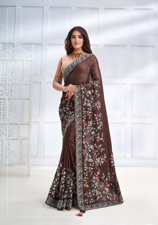 Brown Designer Embroidery Work Saree