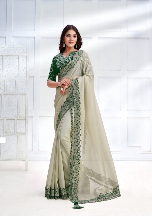 Off White Designer Embroidery Work Saree