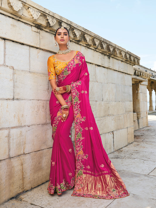 Pink Banarasi Silk Saree With Hand Work