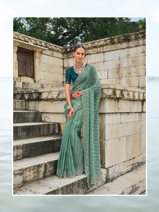 Green Tissue Crush Saree With Hand Work