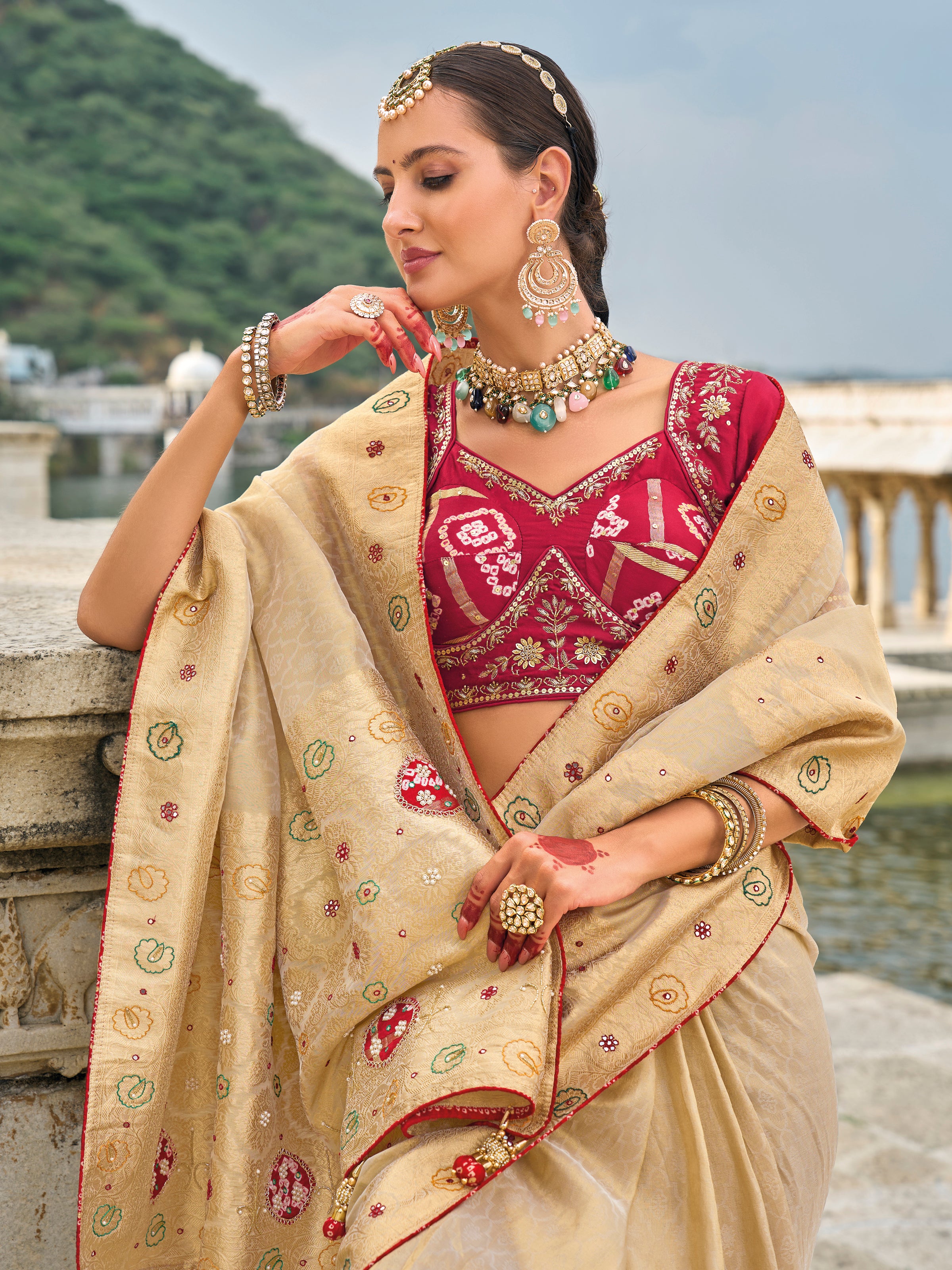 Beige Kanjivaram Silk Saree With Hand Work