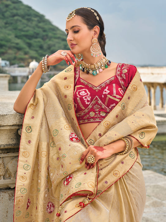 Beige Kanjivaram Silk Saree With Hand Work