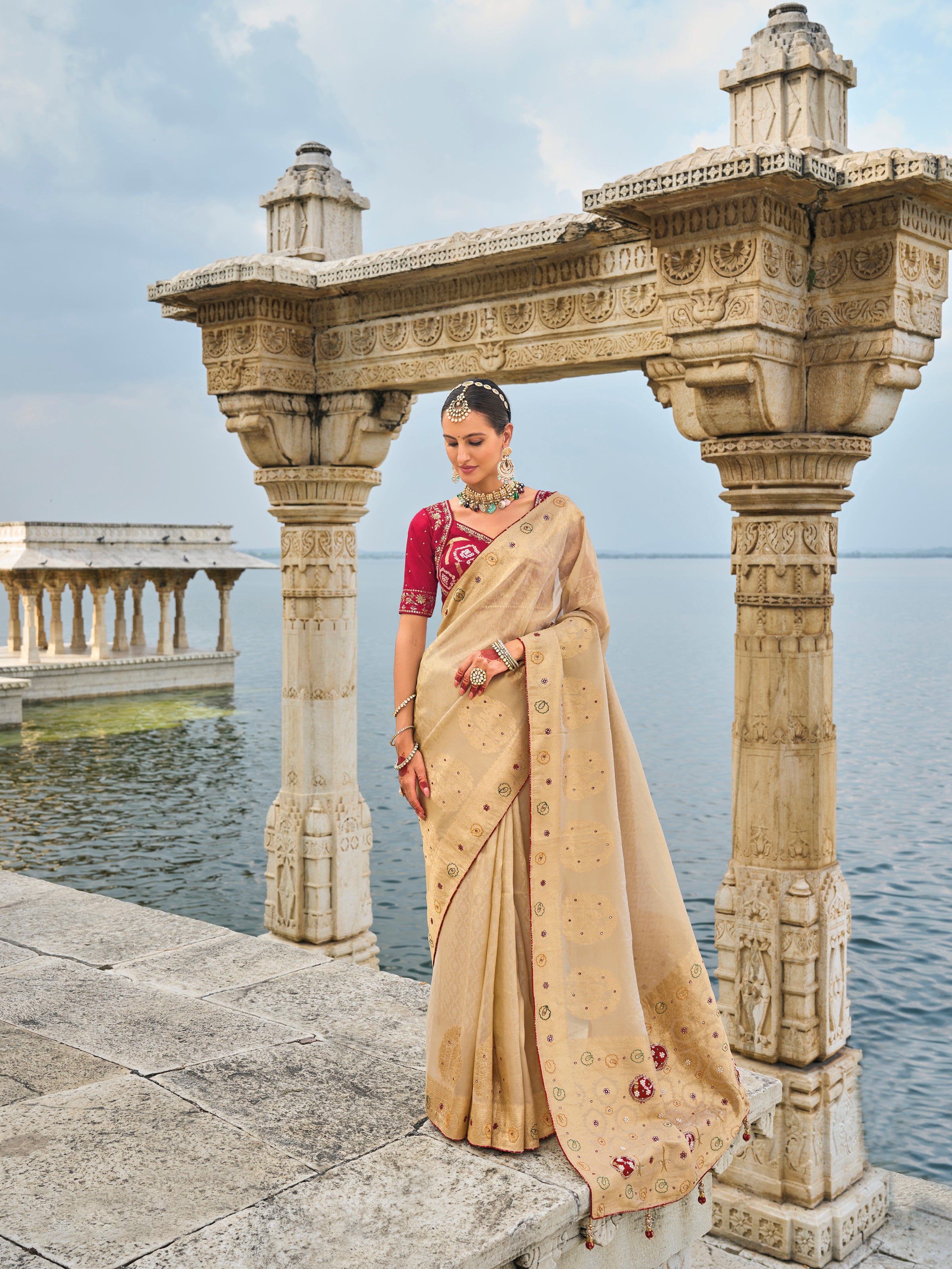 Beige Kanjivaram Silk Saree With Hand Work