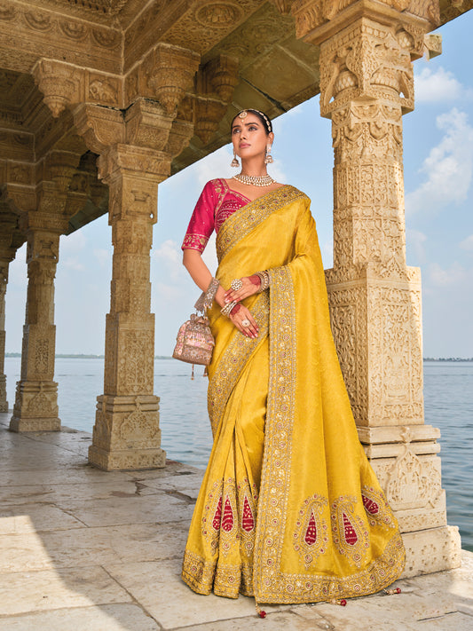 Mustard Banarasi Silk Saree With Hand Work