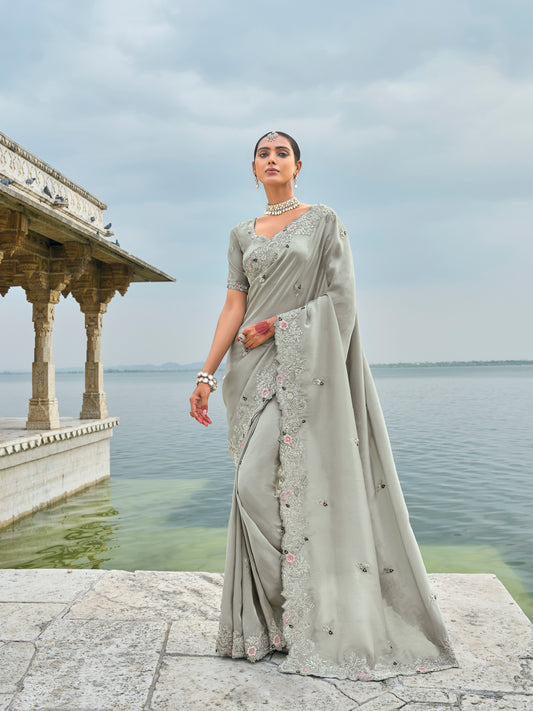 Grey Designer Hand Work Saree