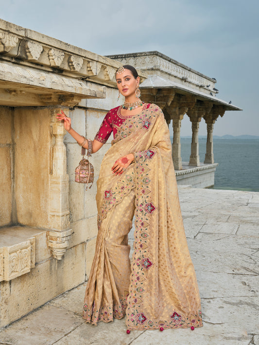 Beige Designer Hand Work Saree