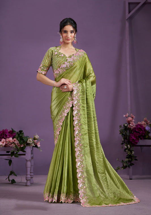 Light Green - Two Tone Satin Silk Saree With Pearl Work