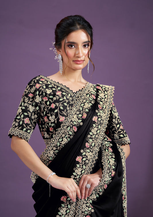 Black Desiger Embroidery Saree with Pearl Work