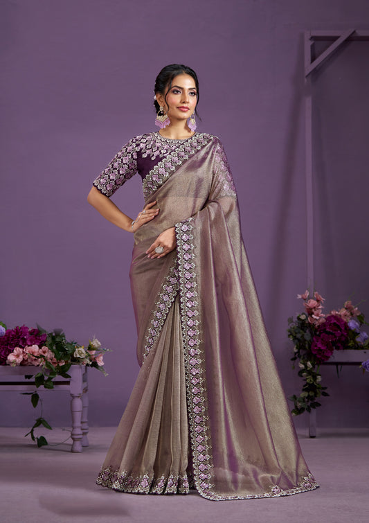 Wine Desiger Embroidery Saree with Pearl Work