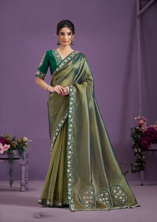 Green Desiger Embroidery Saree with Patch Work