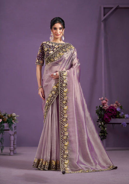 Onion Pink Desiger Embroidery Saree with Pearl Work