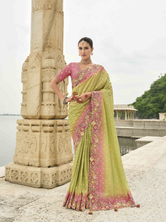 Green Woven Butti Work Saree With Stone & Sequance Embroidery Along With Cut Work