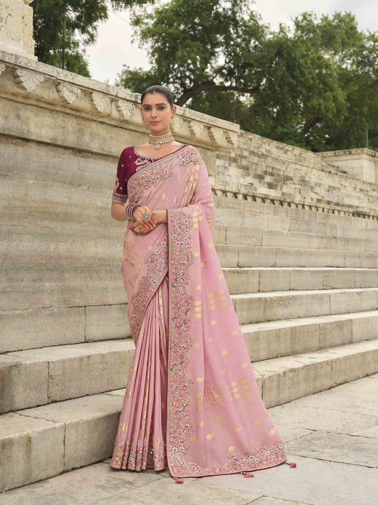 Pink Woven Butti Work Saree With Stone & Sequance Embroidery Along With Cut Work