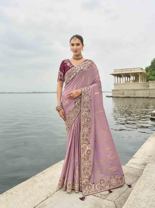 Purple Woven Butti Work Saree With Stone & Sequance Embroidery Along With Cut Work