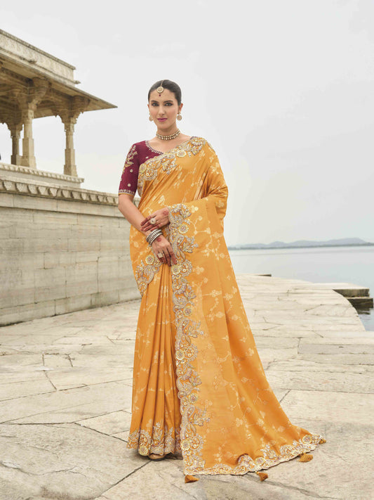 Orange Woven Butti Work Saree With Stone & Sequance Embroidery Along With Cut Work