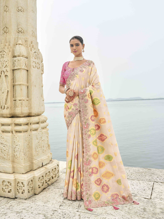 Peach Woven Butti Work Saree With Stone & Sequance Embroidery Along With Cut Work