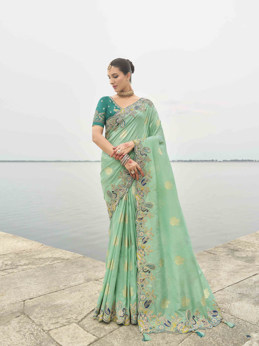 Sea Green Woven Butti Work Saree With Stone & Sequance Embroidery Along With Cut Work