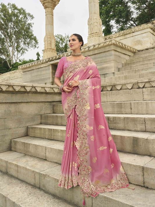 Pink Woven Butti Work Saree With Stone & Sequance Embroidery Along With Cut Work