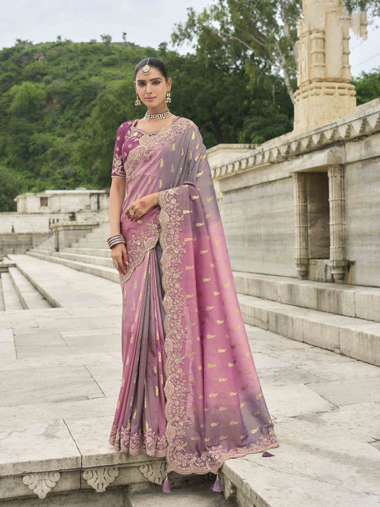 Pink Woven Butti Work Saree With Stone & Sequance Embroidery Along With Cut Work