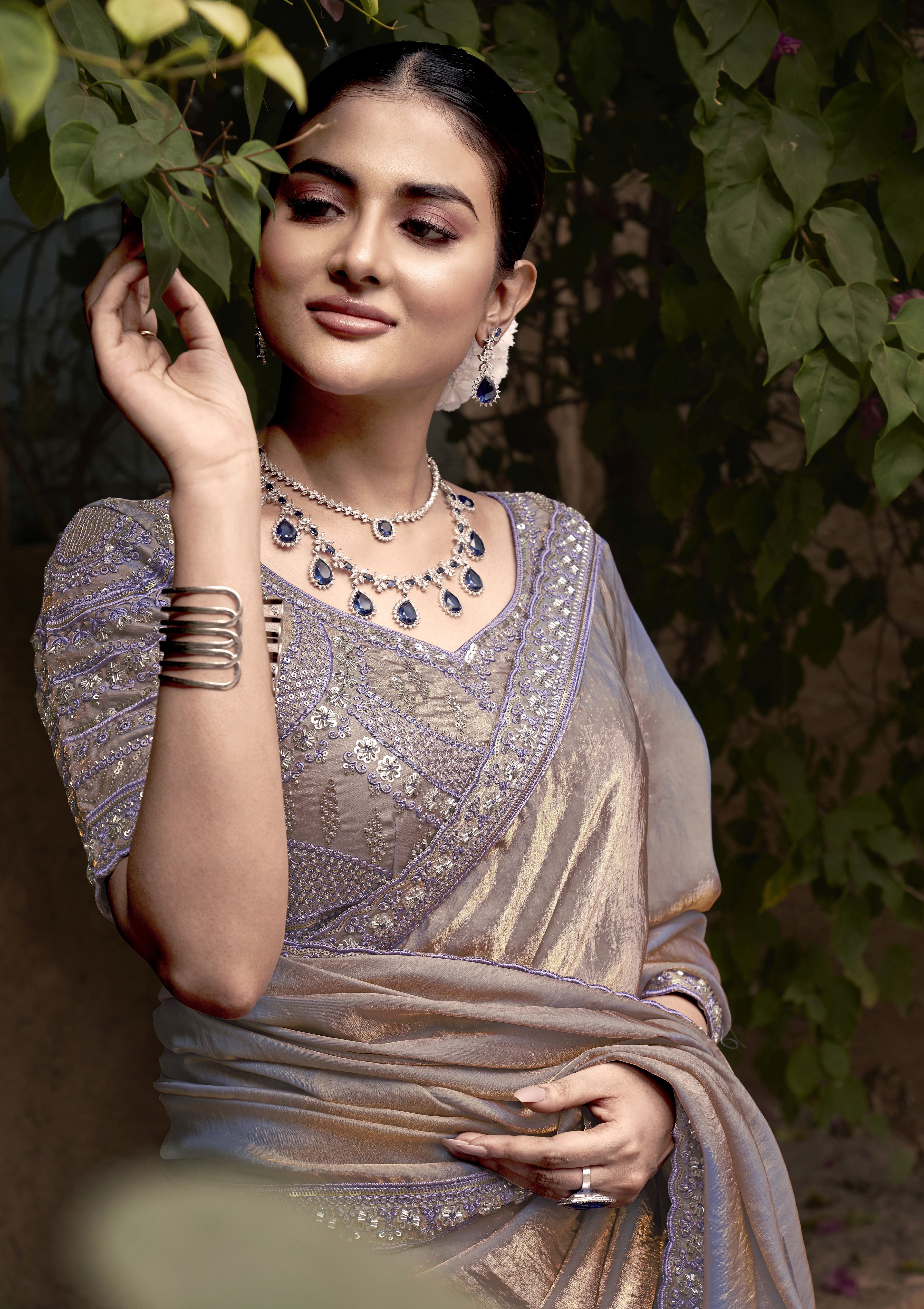 Beige Party Wear Satin Silk Saree With Embroidered Hand Work