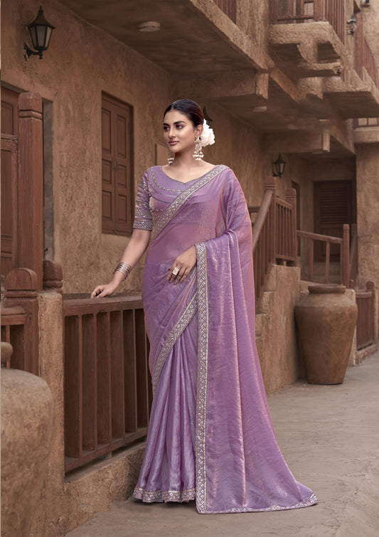 Purple  Party Wear Satin Silk Saree With Embroidered Hand Work