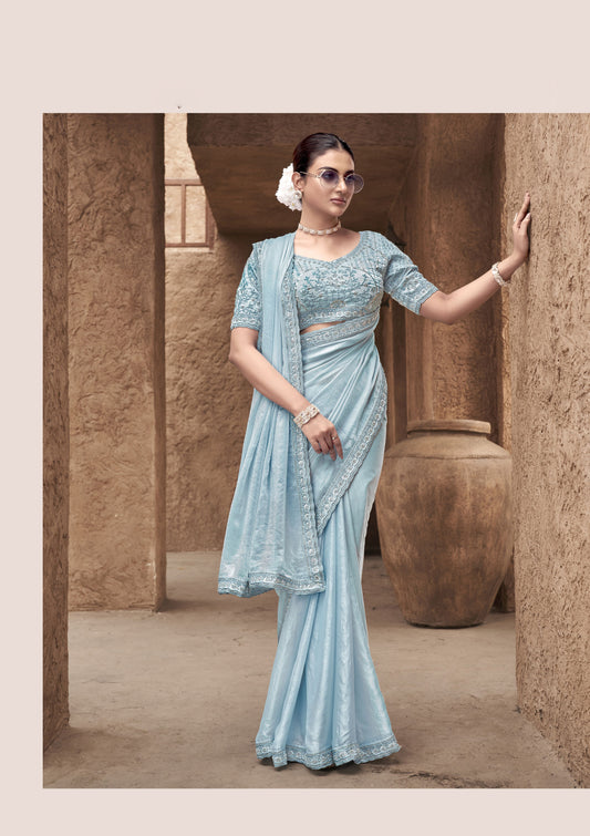 Light Blue Party Wear Satin Silk Saree With Embroidered Hand Work