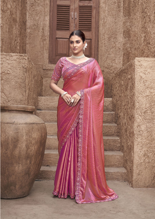 Redish Pink  Party Wear Satin Silk Saree With Embroidered Hand Work