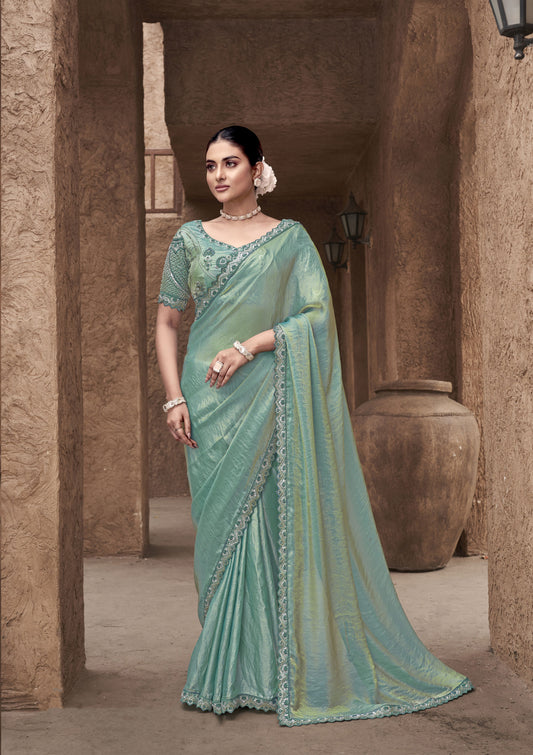 Sea Green Party Wear Satin Silk Saree With Embroidered Hand Work