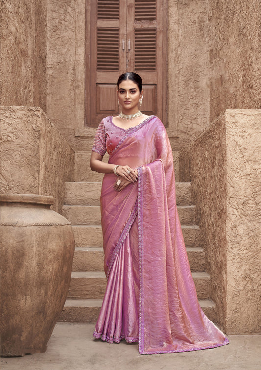 Pink Party Wear Satin Silk Saree With Embroidered Hand Work