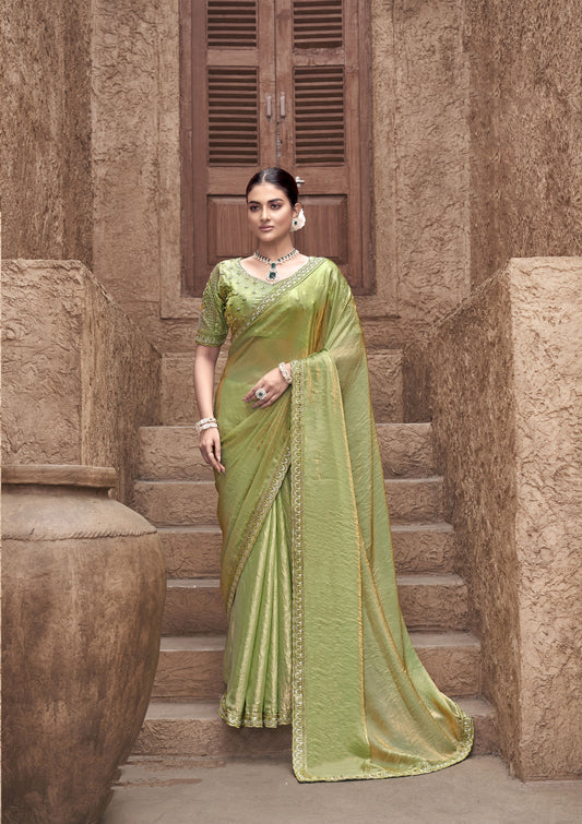 Light Green Party Wear Satin Silk Saree With Embroidered Hand Work