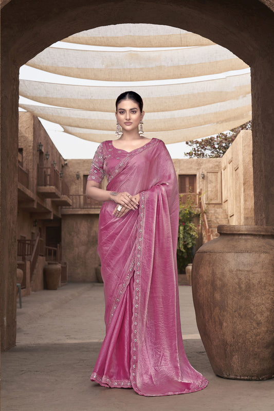 Pink Party Wear Satin Silk Saree With Embroidered Hand Work