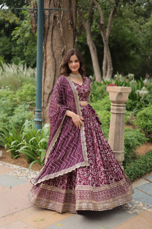 Wine Floral Embroidered Border Lehenga